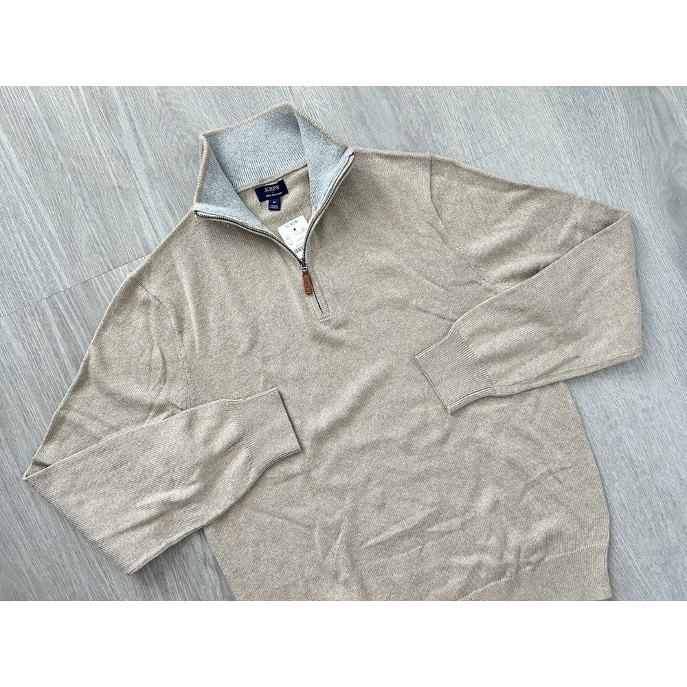 J. Crew Quarter Zip Sweater Beige Tan Cotton Knit Pullover NWT Mens Size M